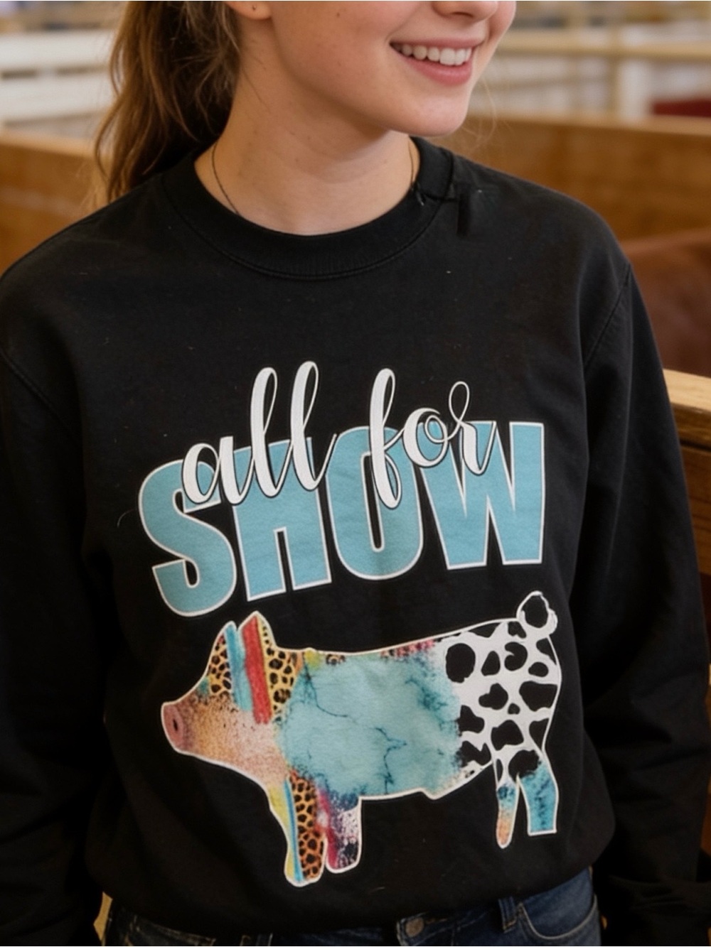 Port & Company | Women’s Black Colorful Graphic Pig Show Sweater | M